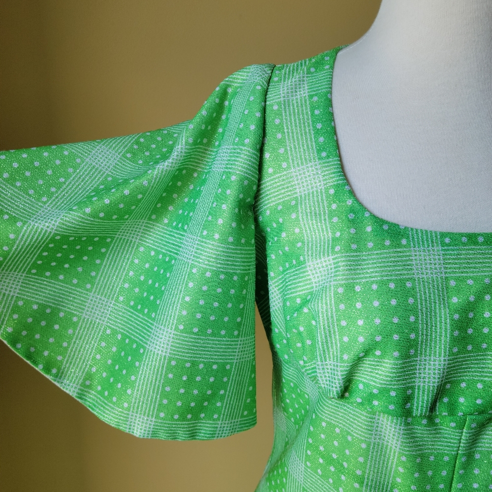 Vintage handmade 60s maxi green shimmer flutter sleeve dress